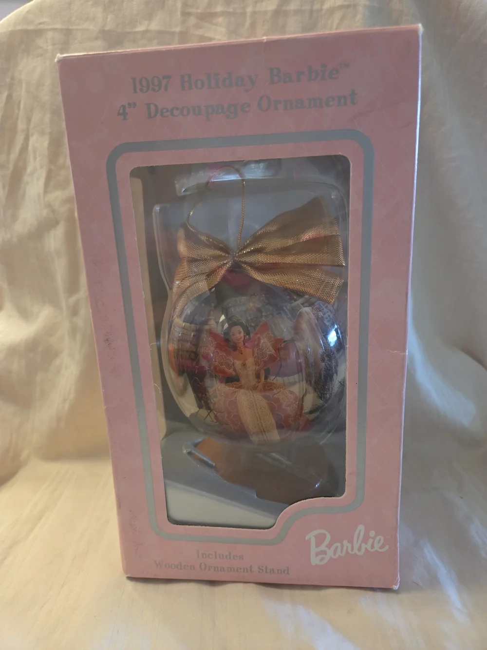 Vintage 1997 Holiday Barbie 4 In Decoupage Ornament W Stand